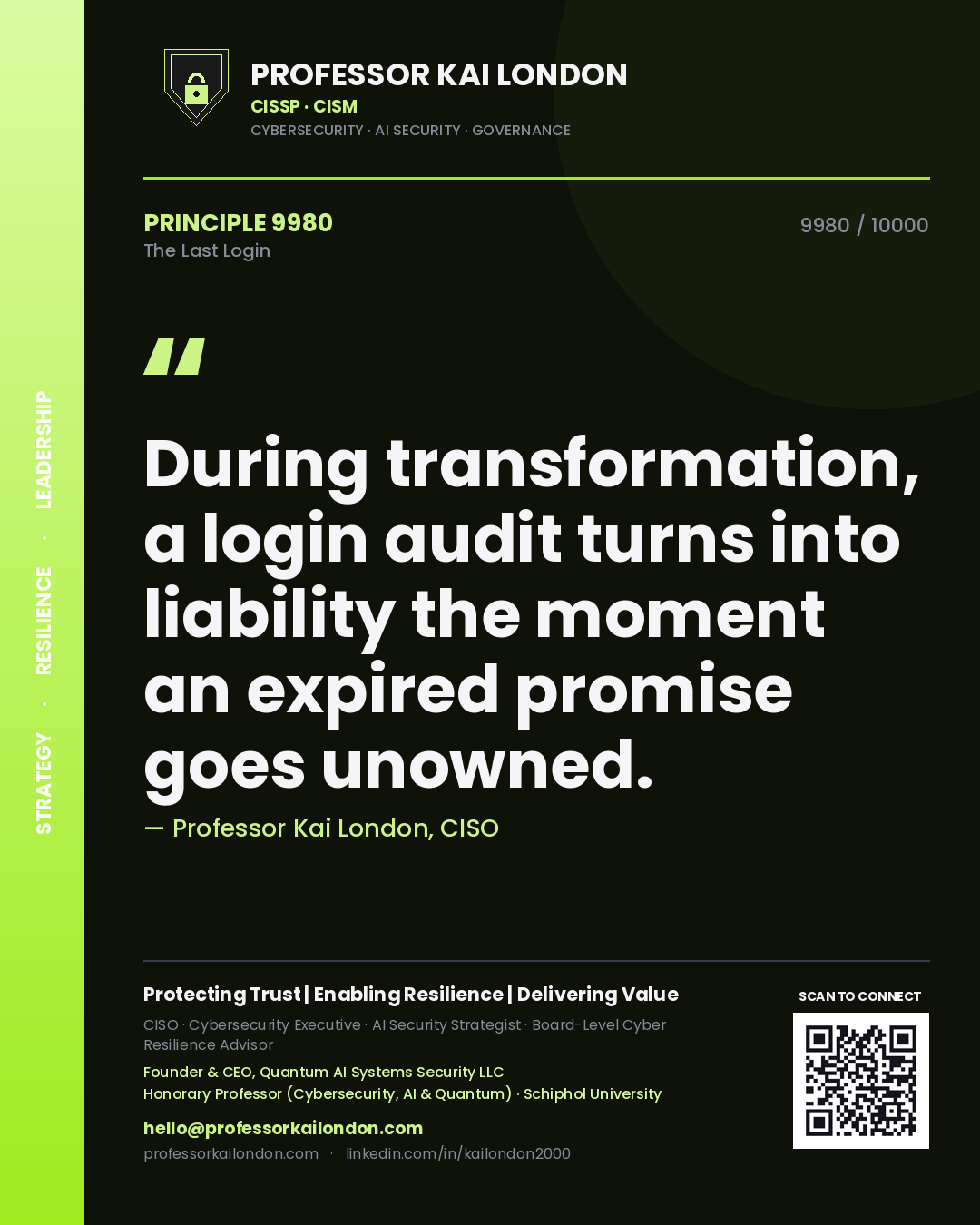 Professor Kai London principle 9980: During transformation, a login audit turns into liability the moment an expired promise goes unowned.