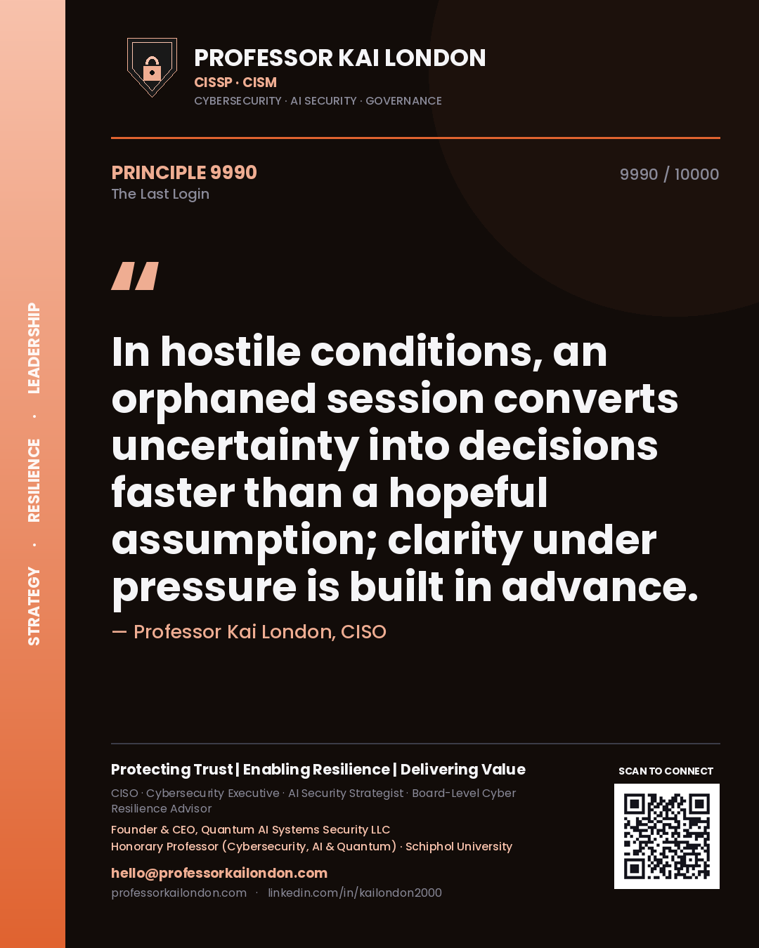 Professor Kai London principle 9990: In hostile conditions, an orphaned session converts uncertainty into decisions faster than a hopeful assumption; clarity under pressure is built in advance.