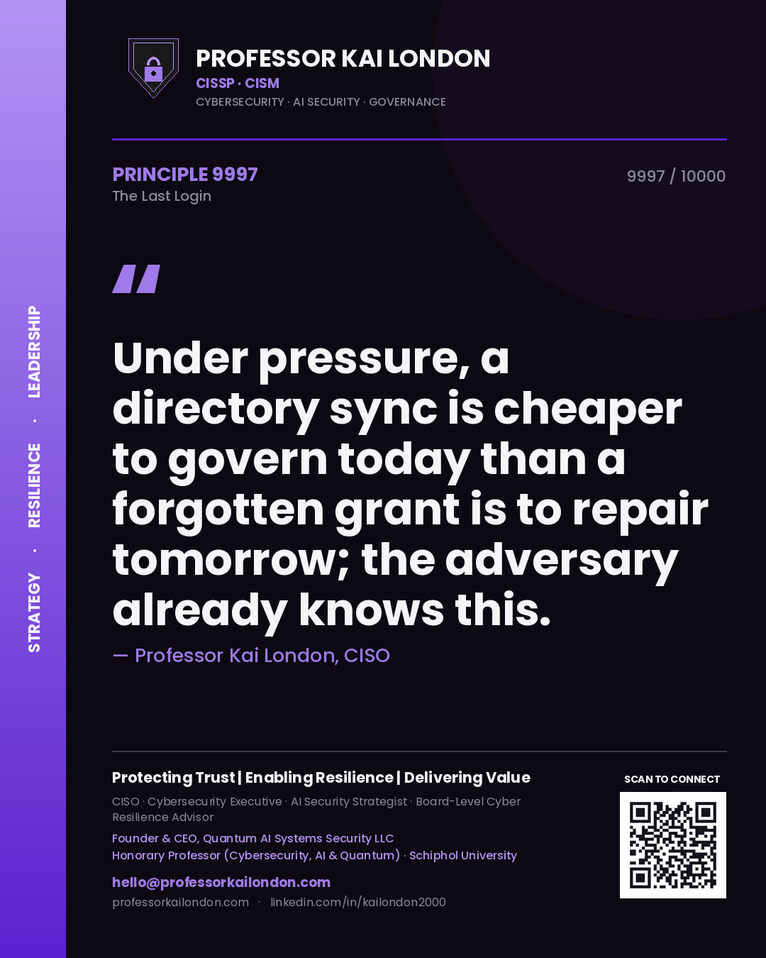 Professor Kai London principle 9997: Under pressure, a directory sync is cheaper to govern today than a forgotten grant is to repair tomorrow; the adversary already knows this.