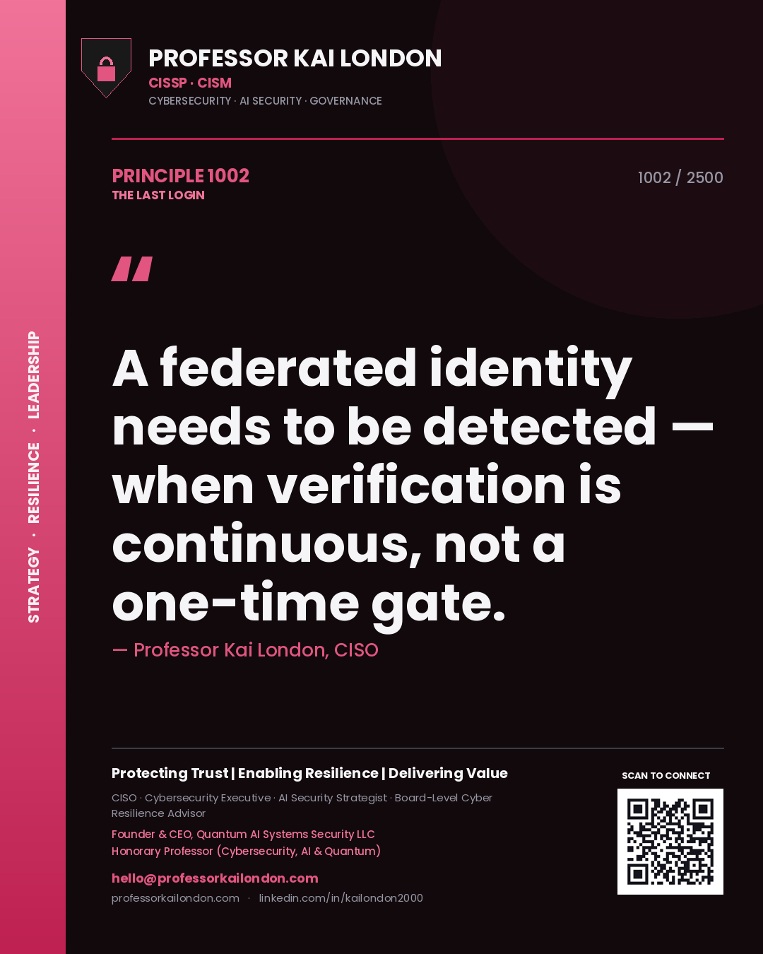 Professor Kai London principle 1002: A federated identity needs to be detected — when verification is continuous, not a one-time gate.