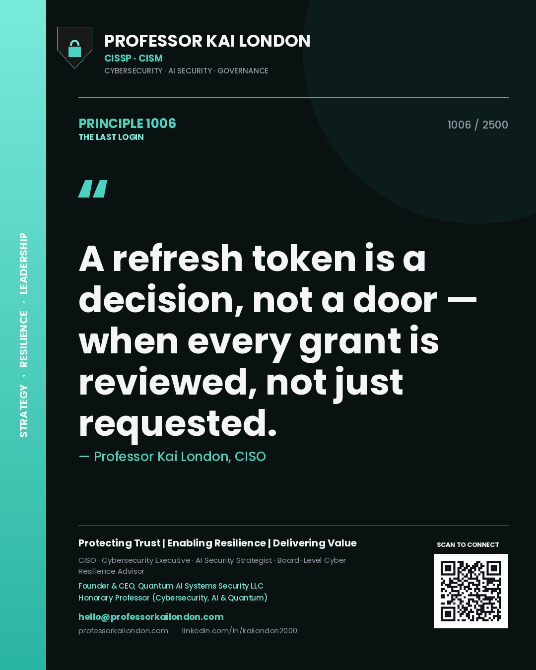 Professor Kai London principle 1006: A refresh token is a decision, not a door — when every grant is reviewed, not just requested.