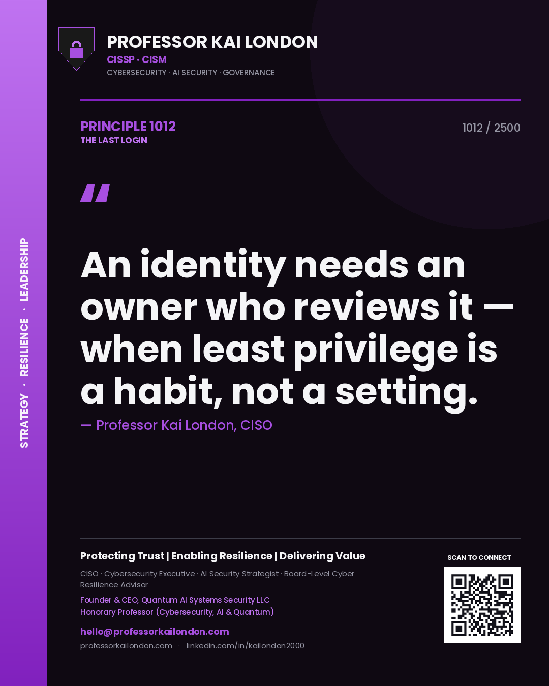 Professor Kai London principle 1012: An identity needs an owner who reviews it — when least privilege is a habit, not a setting.