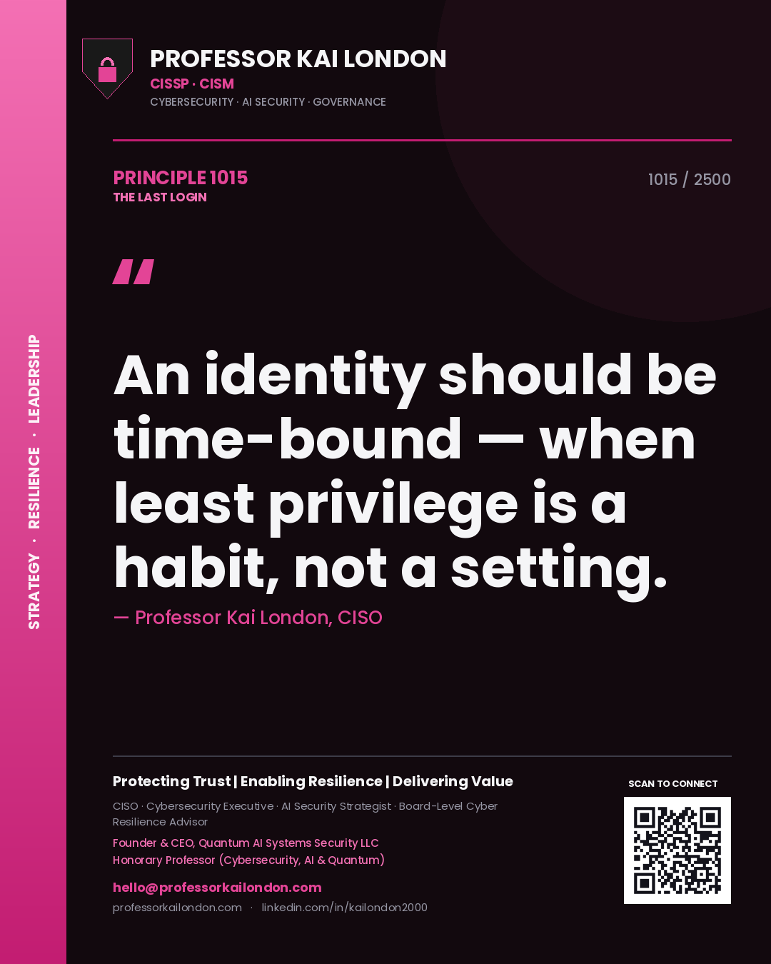 Professor Kai London principle 1015: An identity should be time-bound — when least privilege is a habit, not a setting.
