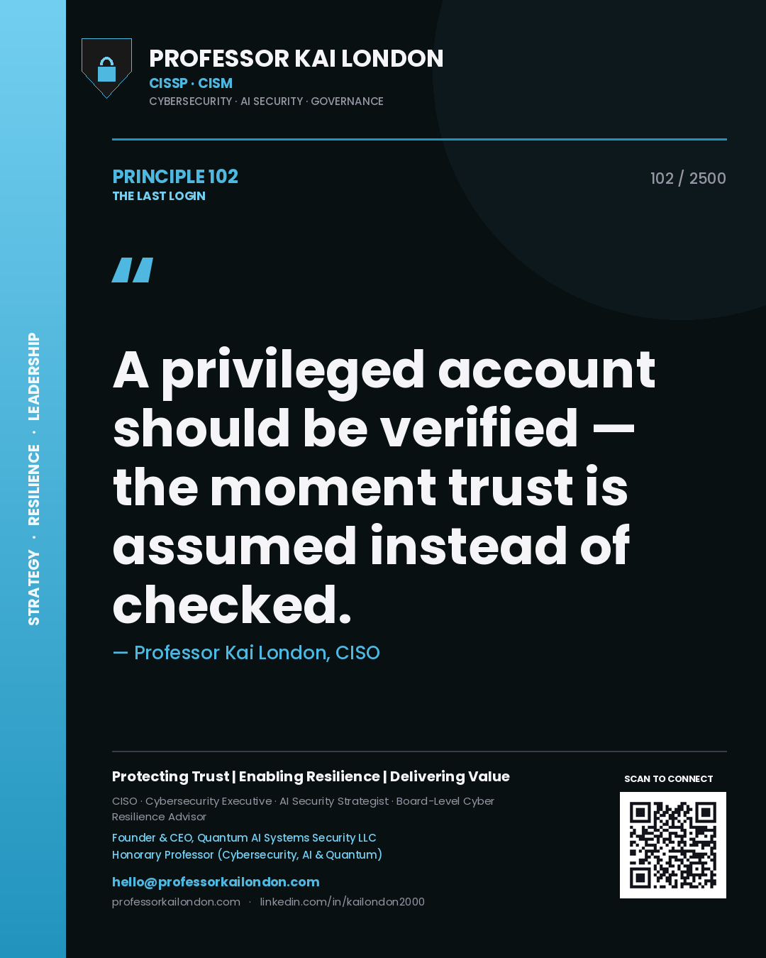 Professor Kai London principle 102: A privileged account should be verified — the moment trust is assumed instead of checked.