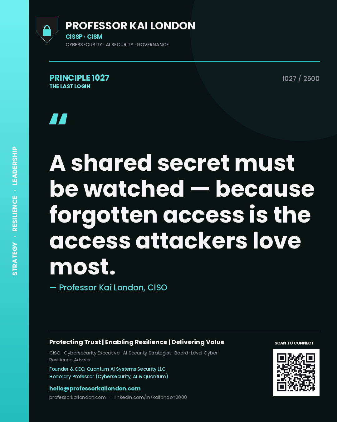 Professor Kai London principle 1027: A shared secret must be watched — because forgotten access is the access attackers love most.