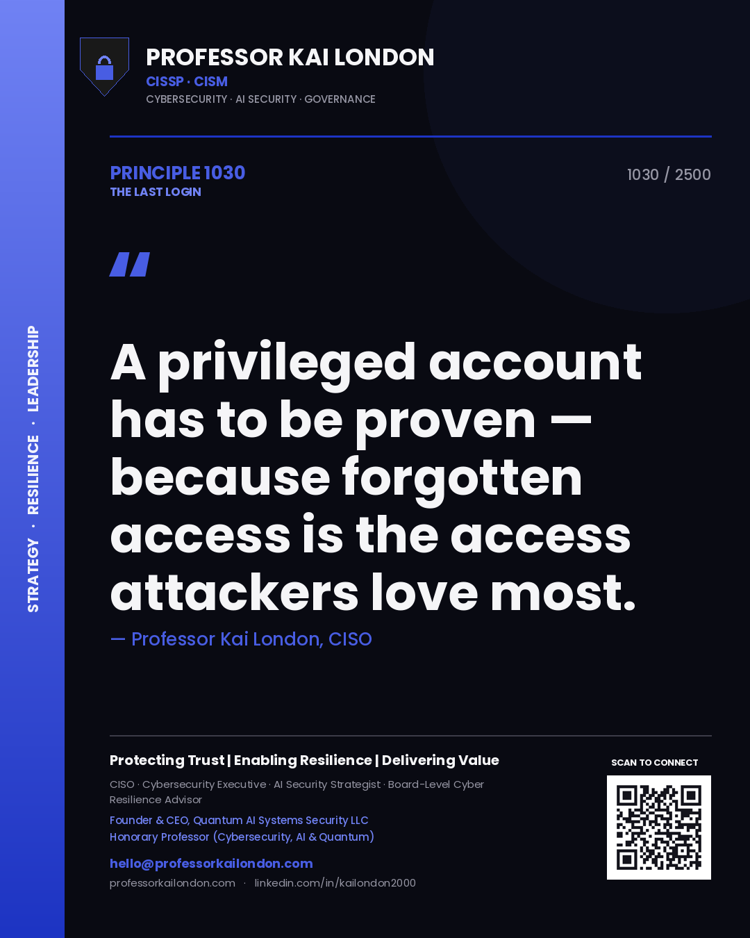 Professor Kai London principle 1030: A privileged account has to be proven — because forgotten access is the access attackers love most.