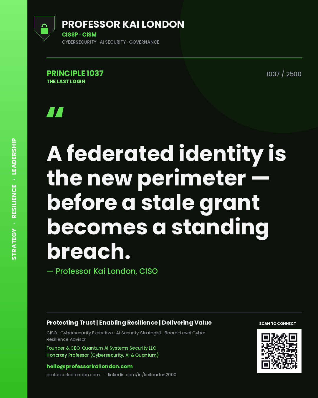 Professor Kai London principle 1037: A federated identity is the new perimeter — before a stale grant becomes a standing breach.