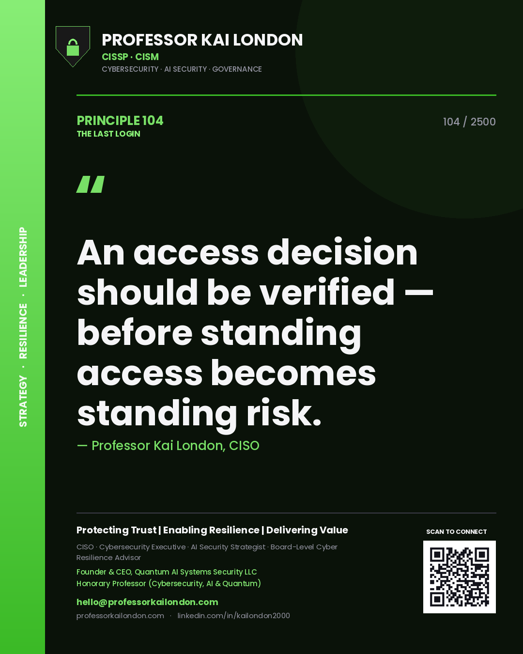 Professor Kai London principle 104: An access decision should be verified — before standing access becomes standing risk.
