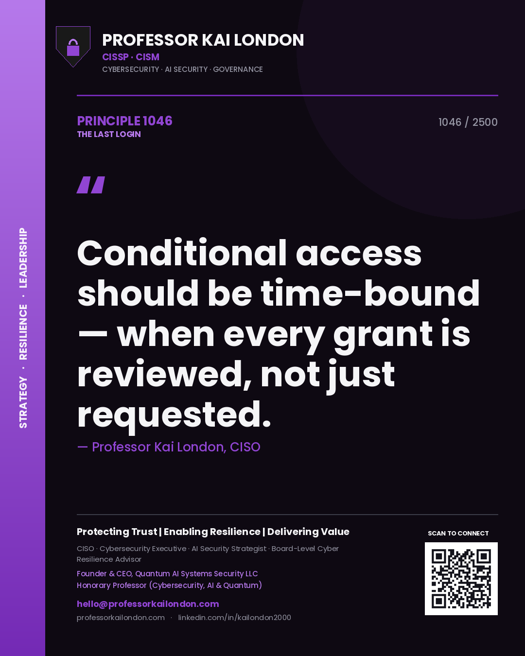 Professor Kai London principle 1046: Conditional access should be time-bound — when every grant is reviewed, not just requested.