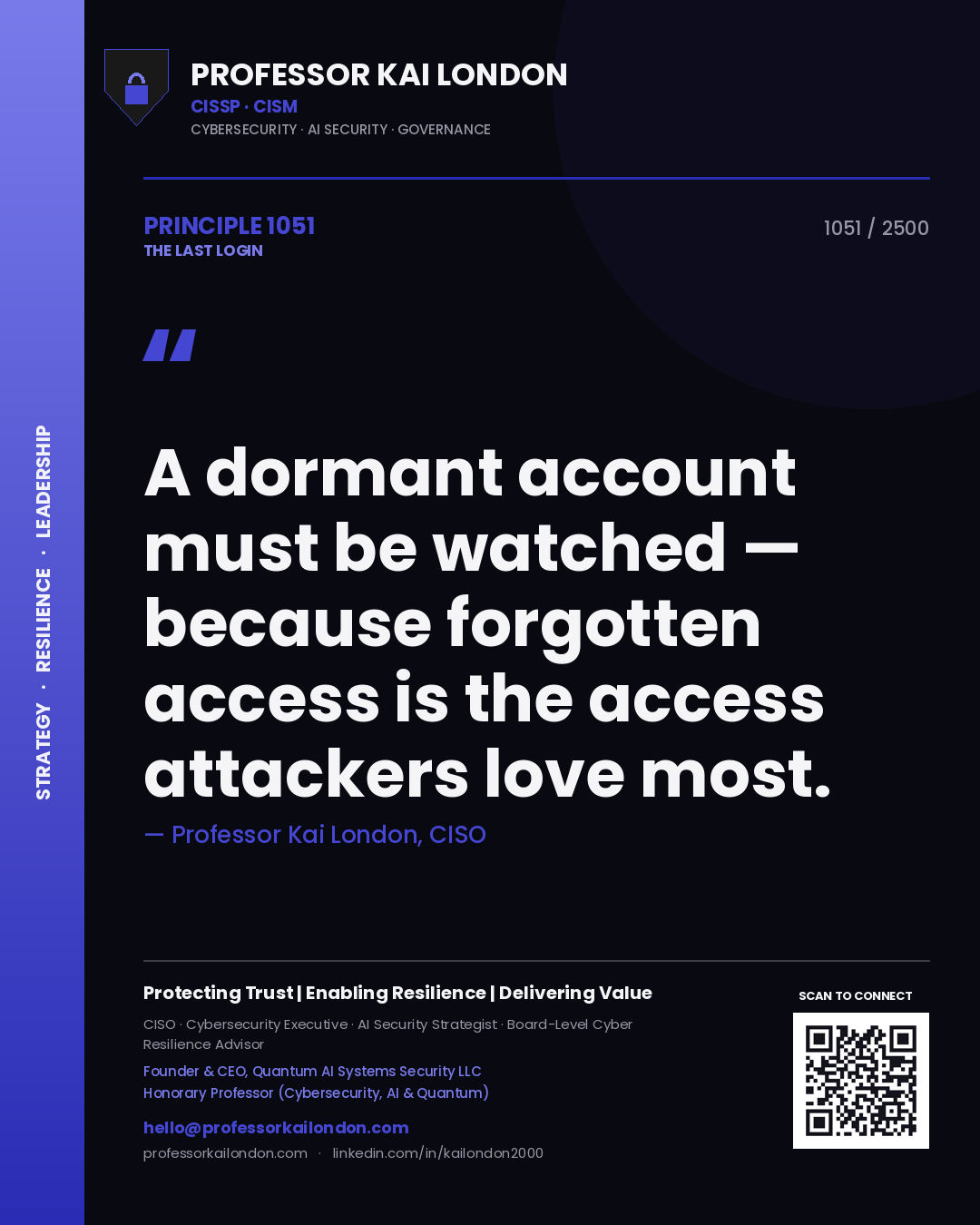 Professor Kai London principle 1051: A dormant account must be watched — because forgotten access is the access attackers love most.