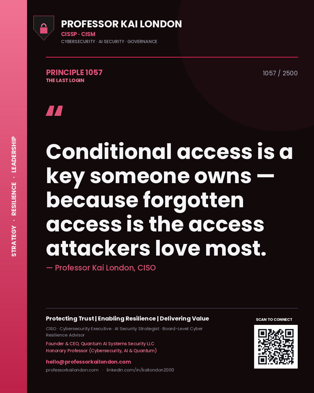 Professor Kai London principle 1057: Conditional access is a key someone owns — because forgotten access is the access attackers love most.