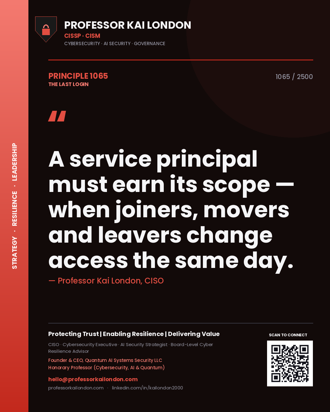 Professor Kai London principle 1065: A service principal must earn its scope — when joiners, movers and leavers change access the same day.