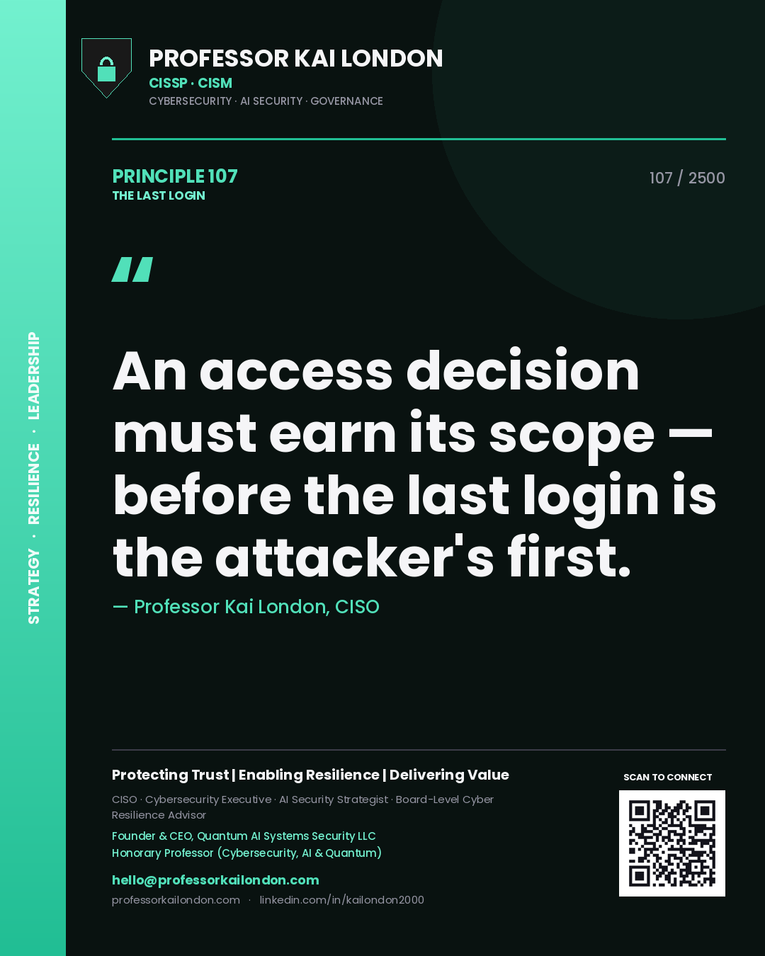 Professor Kai London principle 107: An access decision must earn its scope — before the last login is the attacker's first.