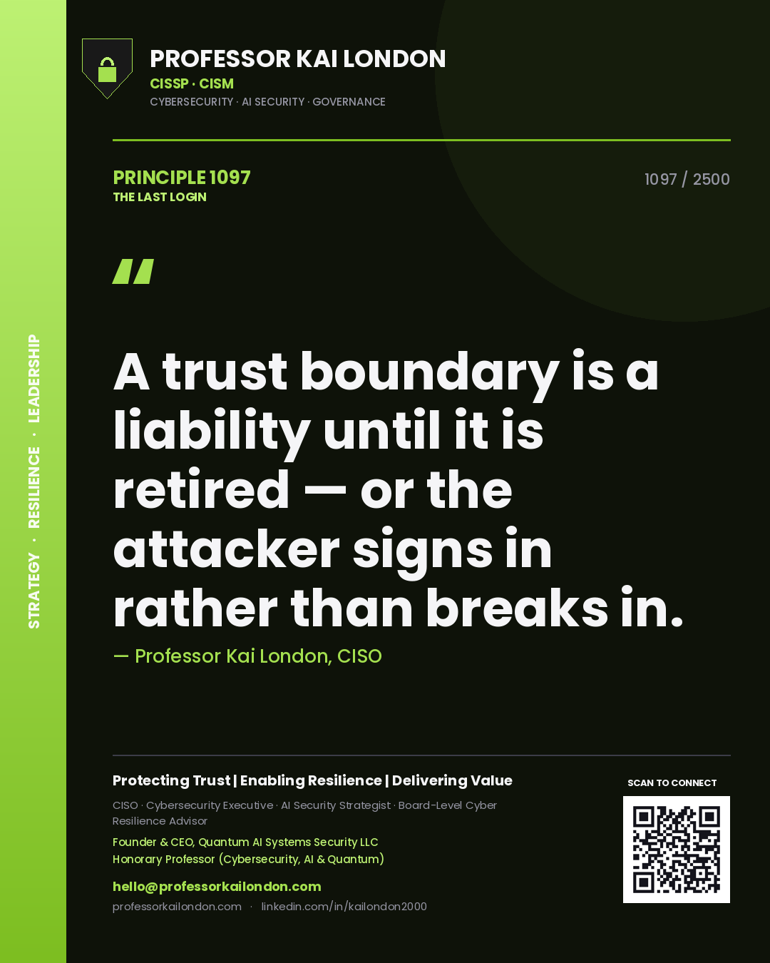 Professor Kai London principle 1097: A trust boundary is a liability until it is retired — or the attacker signs in rather than breaks in.