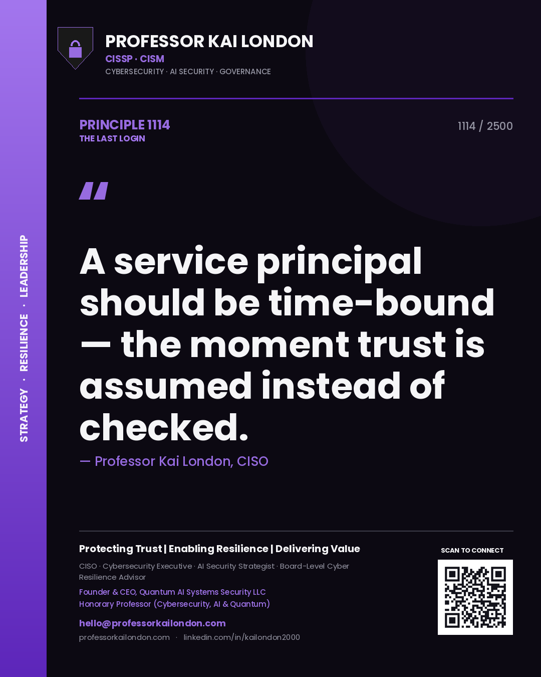 Professor Kai London principle 1114: A service principal should be time-bound — the moment trust is assumed instead of checked.