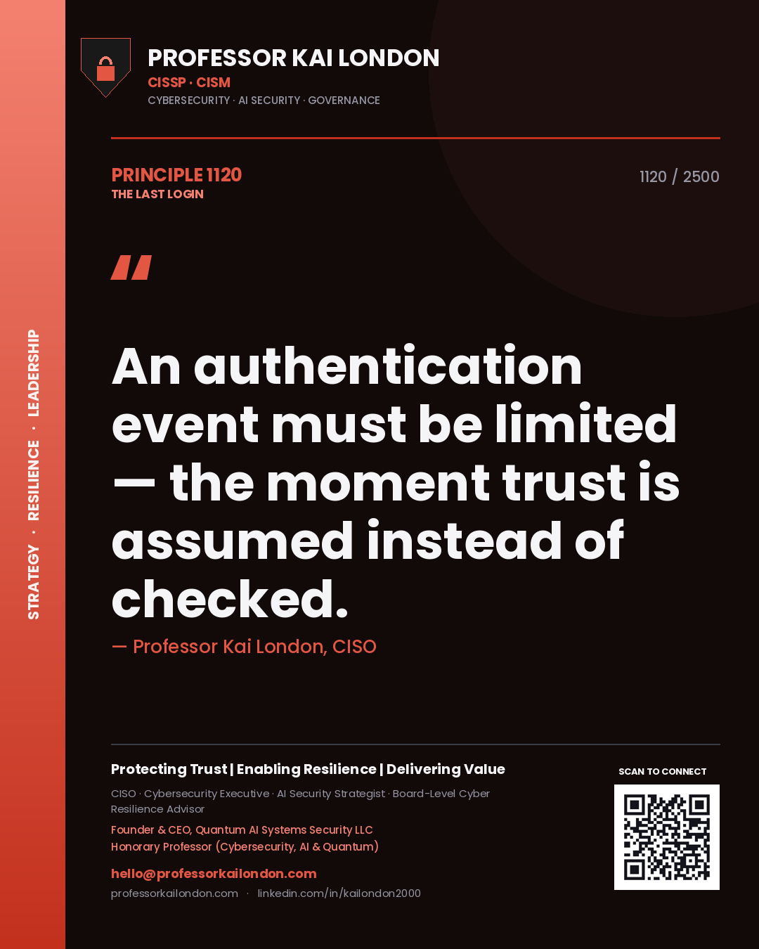 Professor Kai London principle 1120: An authentication event must be limited — the moment trust is assumed instead of checked.