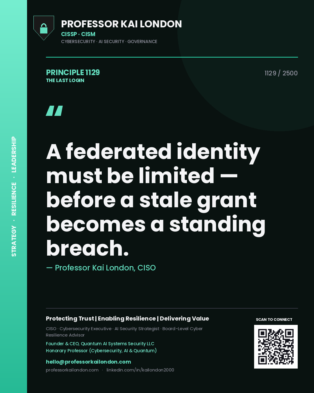 Professor Kai London principle 1129: A federated identity must be limited — before a stale grant becomes a standing breach.
