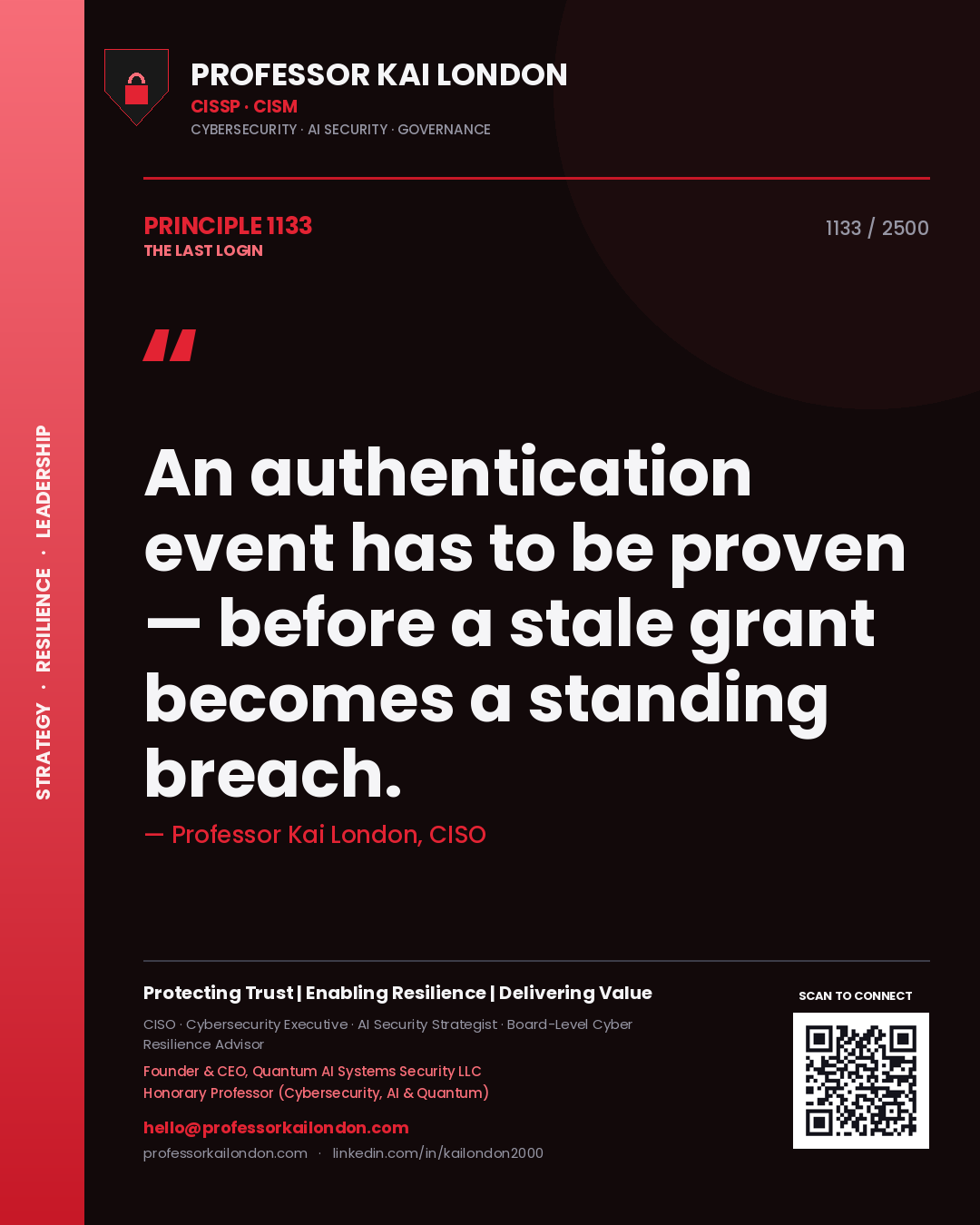 Professor Kai London principle 1133: An authentication event has to be proven — before a stale grant becomes a standing breach.