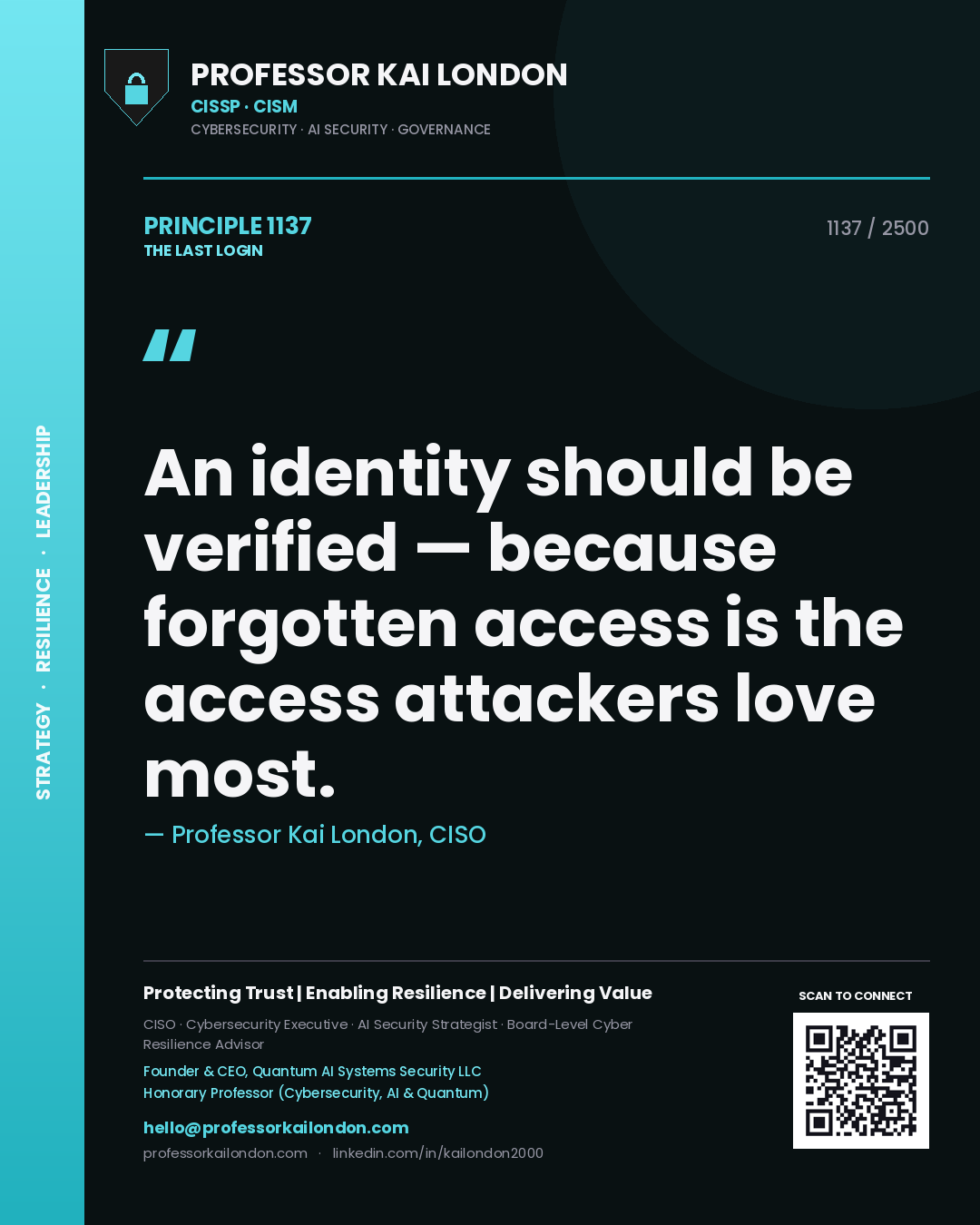 Professor Kai London principle 1137: An identity should be verified — because forgotten access is the access attackers love most.