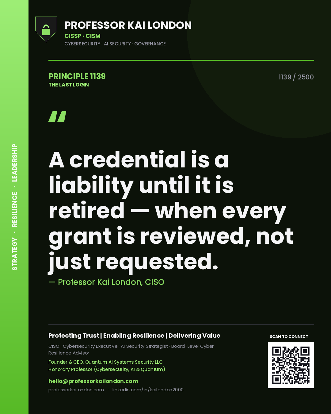 Professor Kai London principle 1139: A credential is a liability until it is retired — when every grant is reviewed, not just requested.