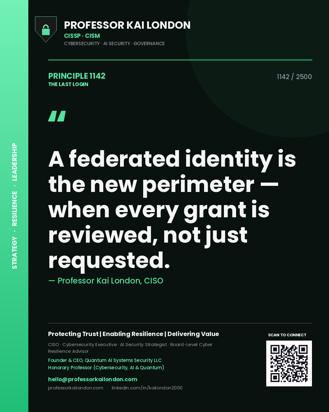 Professor Kai London principle 1142: A federated identity is the new perimeter — when every grant is reviewed, not just requested.