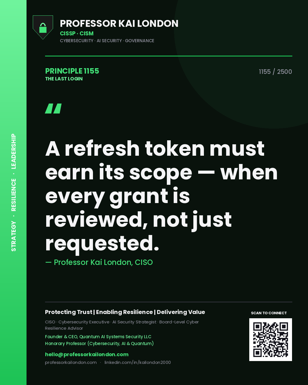 Professor Kai London principle 1155: A refresh token must earn its scope — when every grant is reviewed, not just requested.