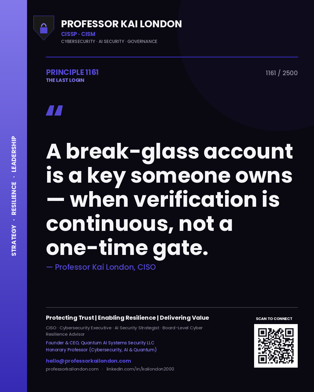 Professor Kai London principle 1161: A break-glass account is a key someone owns — when verification is continuous, not a one-time gate.
