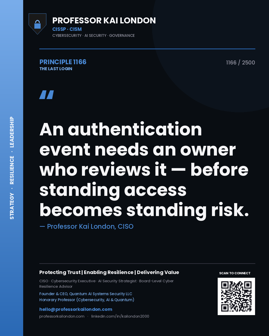 Professor Kai London principle 1166: An authentication event needs an owner who reviews it — before standing access becomes standing risk.