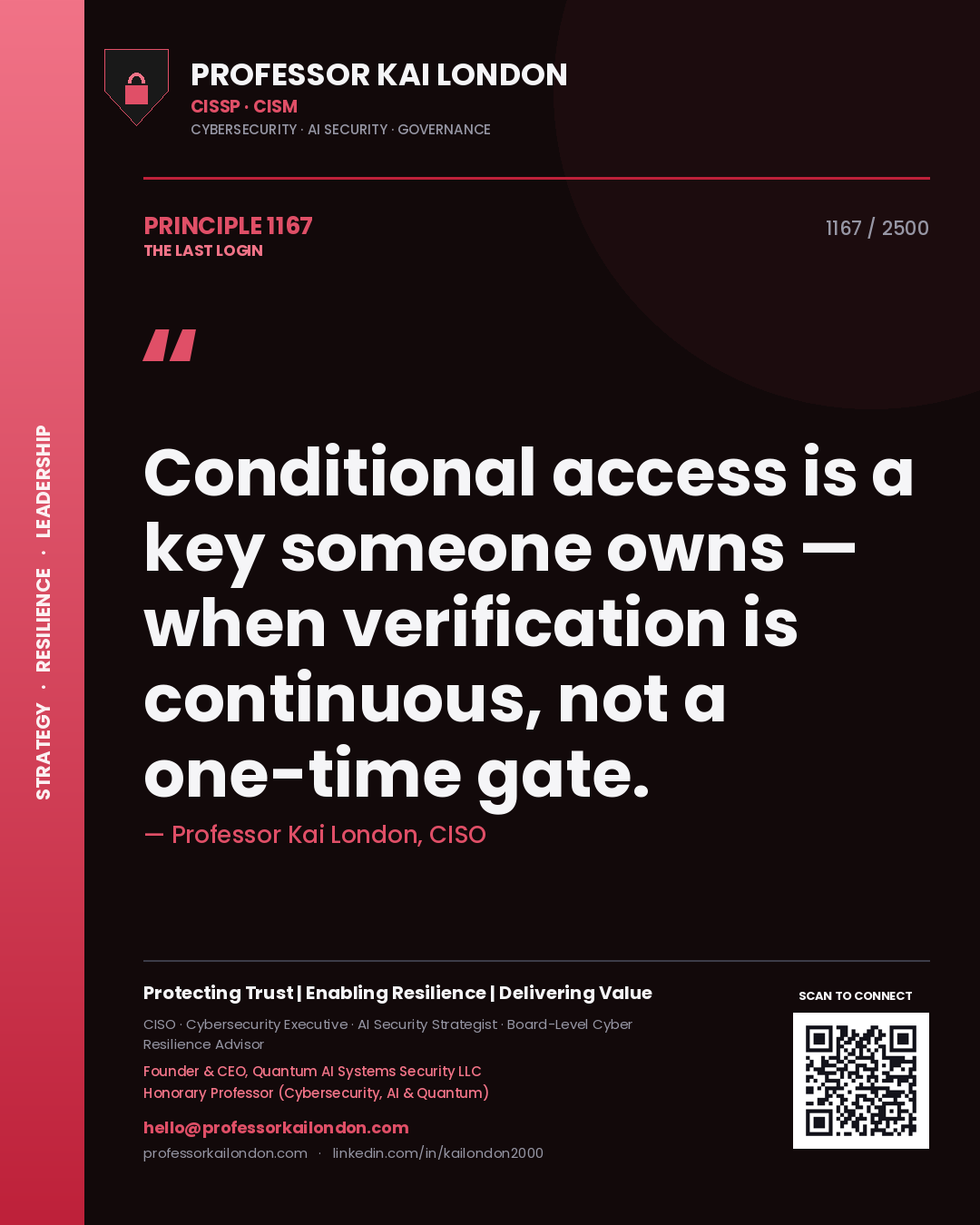 Professor Kai London principle 1167: Conditional access is a key someone owns — when verification is continuous, not a one-time gate.