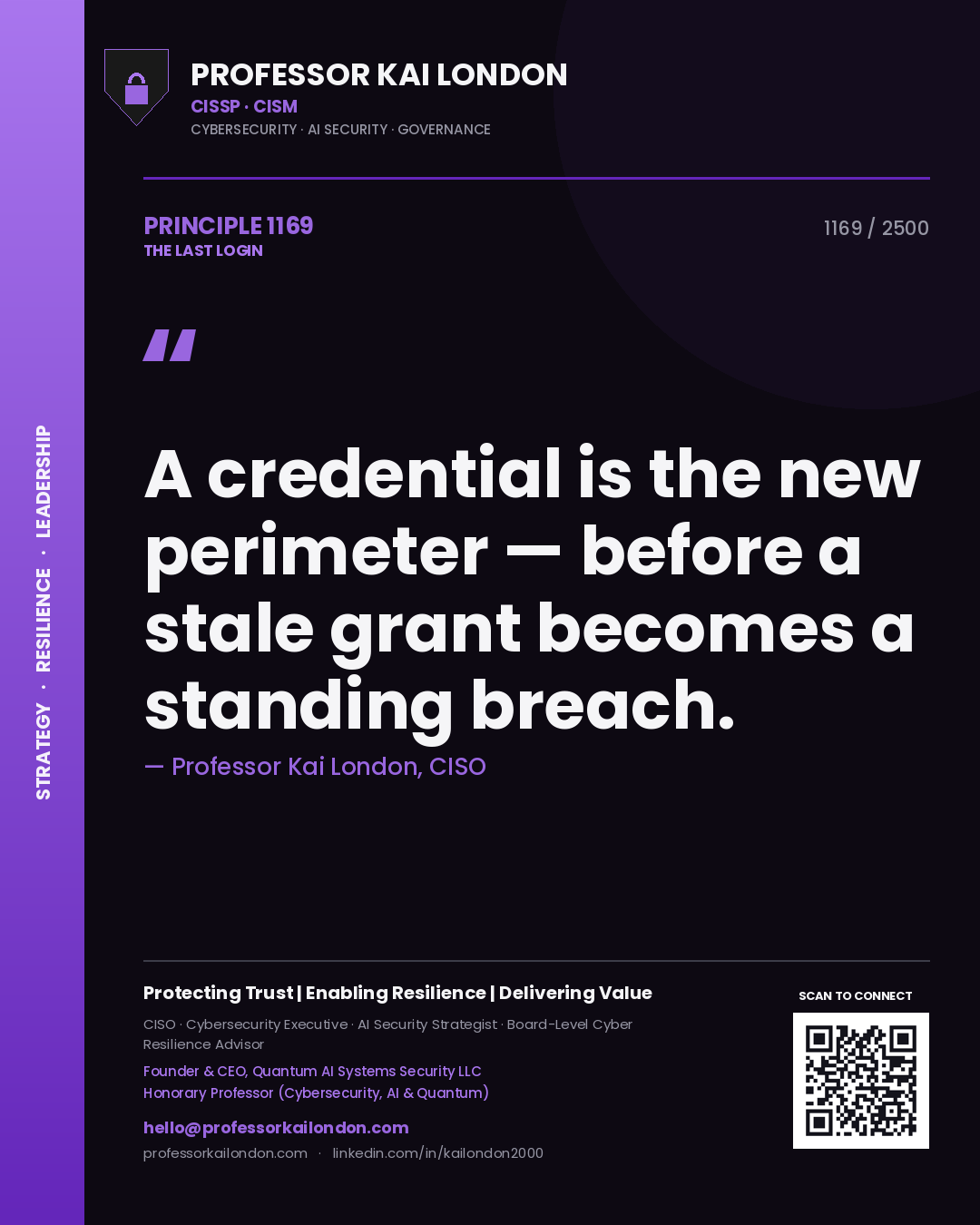 Professor Kai London principle 1169: A credential is the new perimeter — before a stale grant becomes a standing breach.