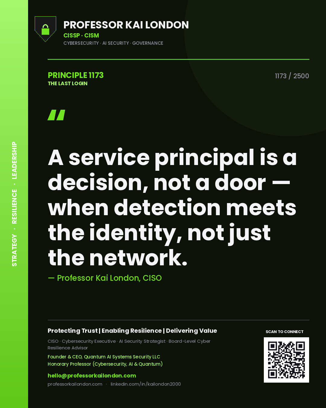 Professor Kai London principle 1173: A service principal is a decision, not a door — when detection meets the identity, not just the network.