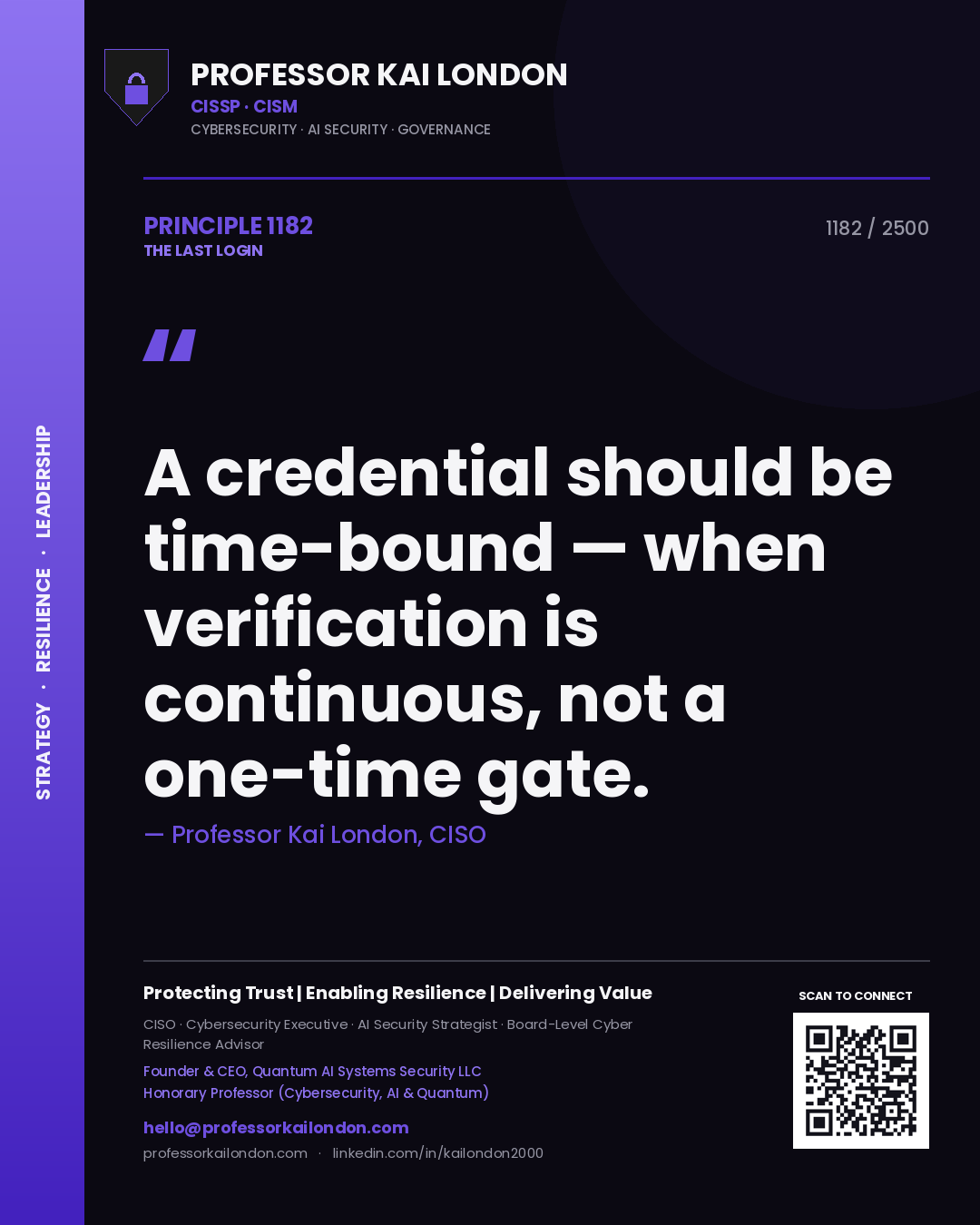 Professor Kai London principle 1182: A credential should be time-bound — when verification is continuous, not a one-time gate.