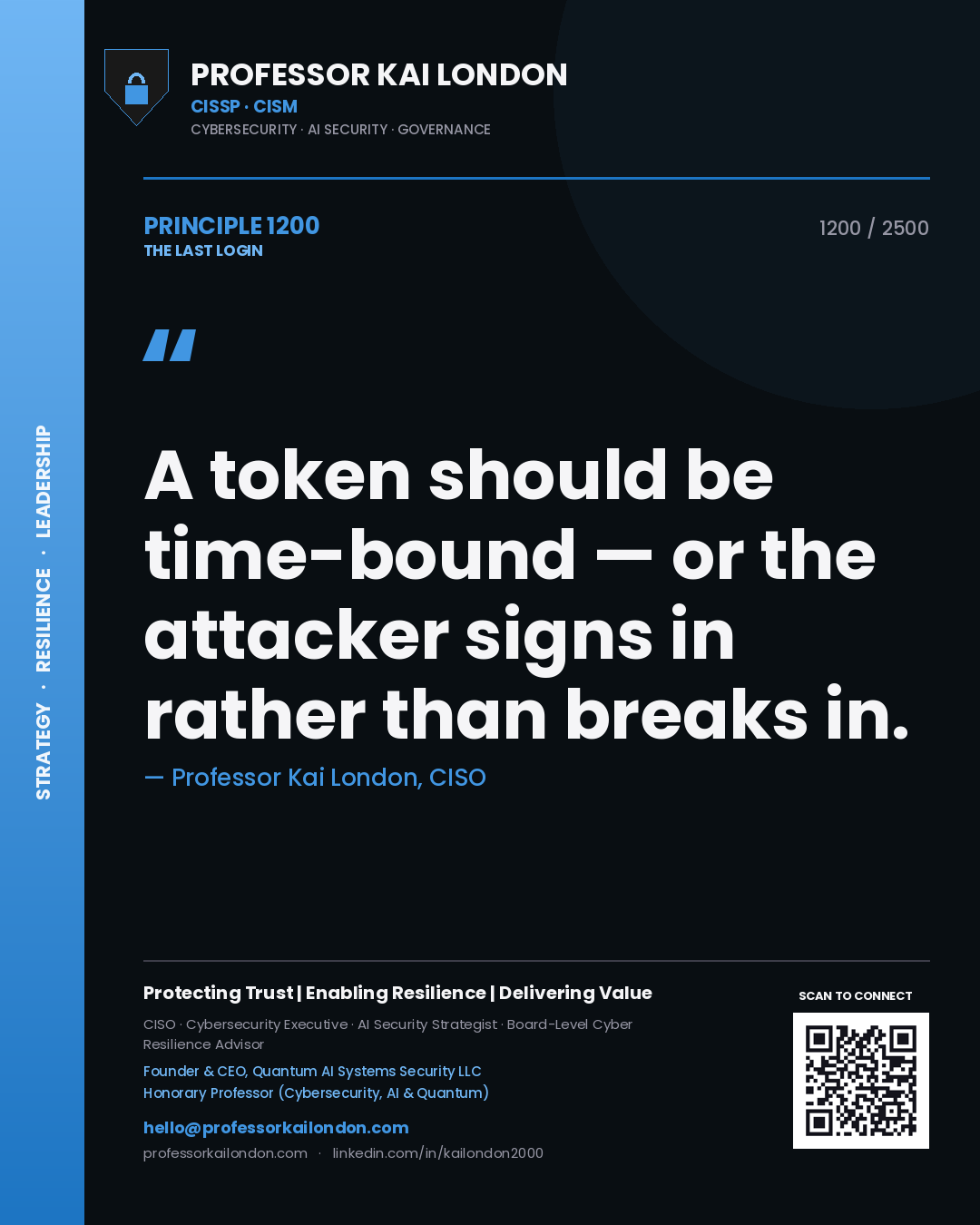 Professor Kai London principle 1200: A token should be time-bound — or the attacker signs in rather than breaks in.