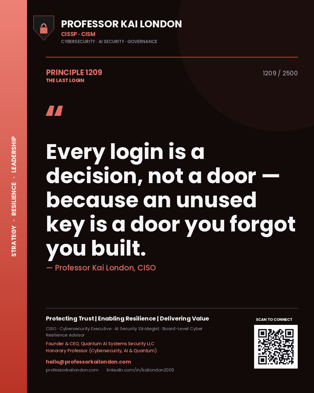 Professor Kai London principle 1209: Every login is a decision, not a door — because an unused key is a door you forgot you built.