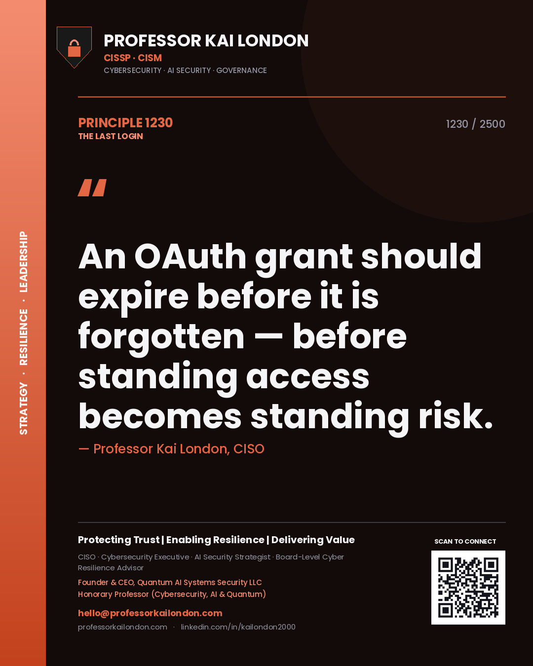 Professor Kai London principle 1230: An OAuth grant should expire before it is forgotten — before standing access becomes standing risk.