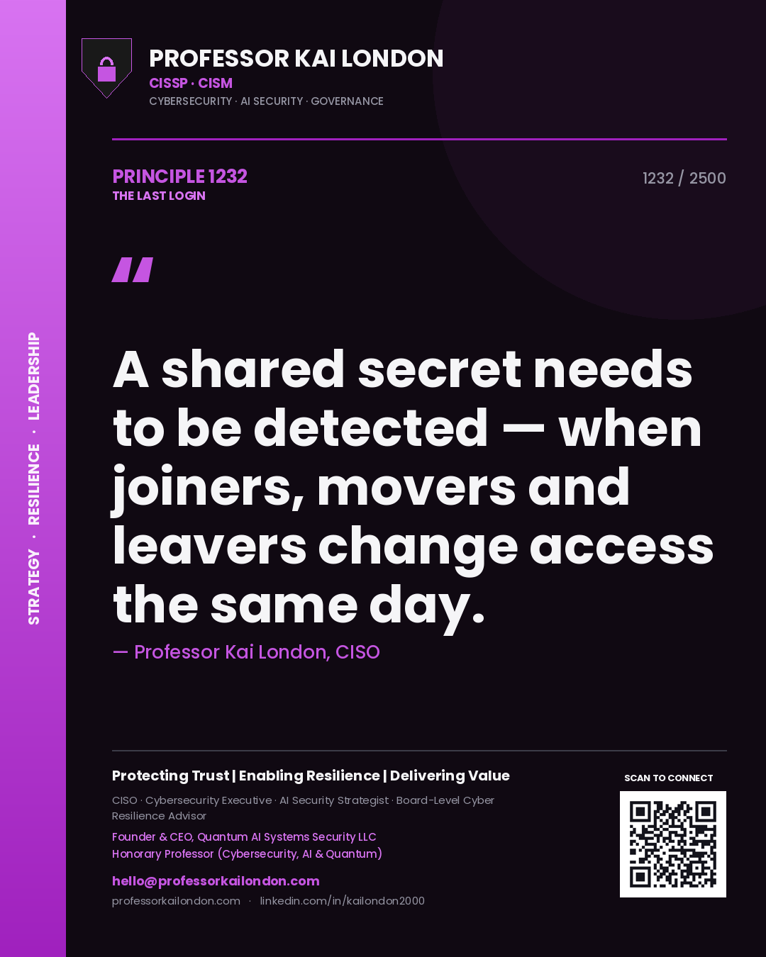 Professor Kai London principle 1232: A shared secret needs to be detected — when joiners, movers and leavers change access the same day.