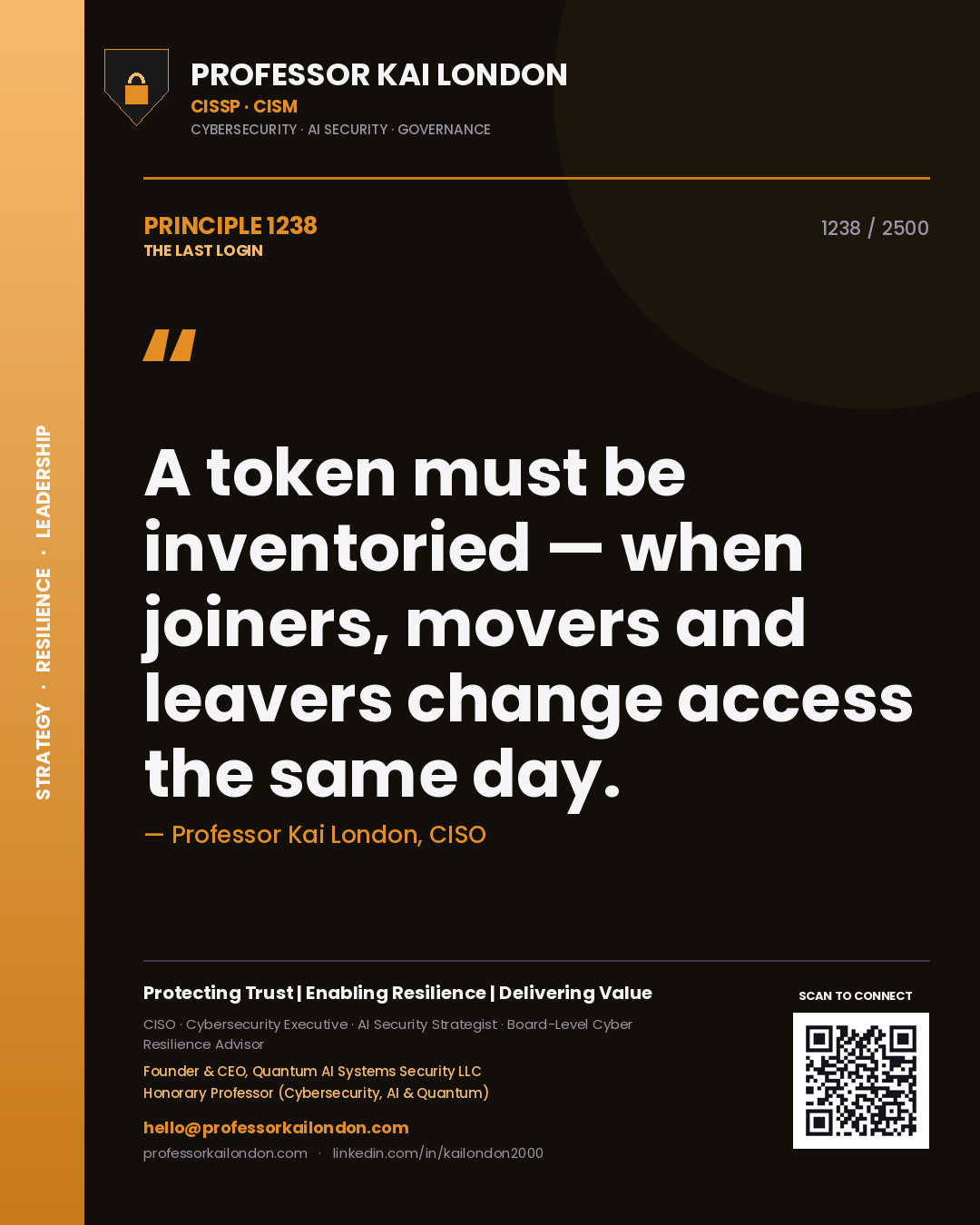 Professor Kai London principle 1238: A token must be inventoried — when joiners, movers and leavers change access the same day.