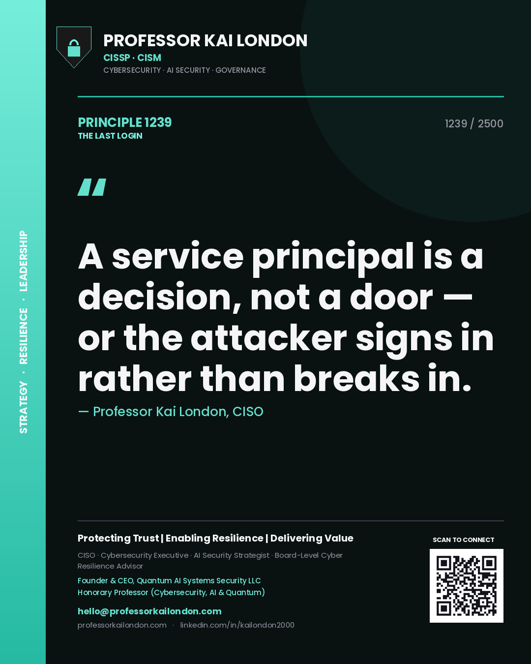 Professor Kai London principle 1239: A service principal is a decision, not a door — or the attacker signs in rather than breaks in.
