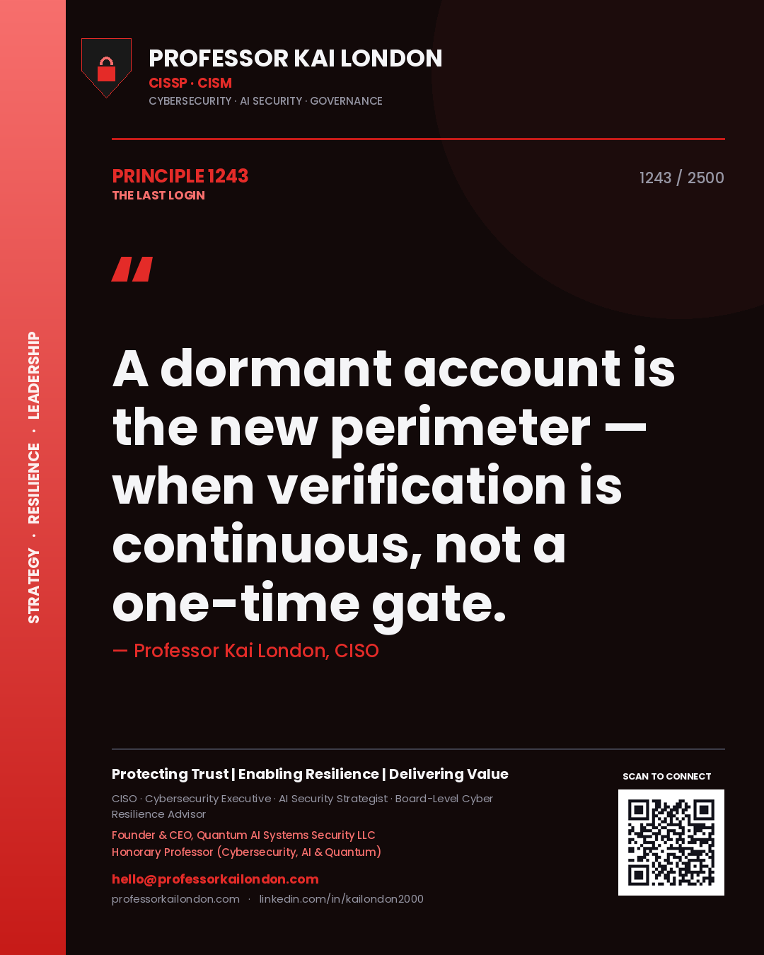 Professor Kai London principle 1243: A dormant account is the new perimeter — when verification is continuous, not a one-time gate.