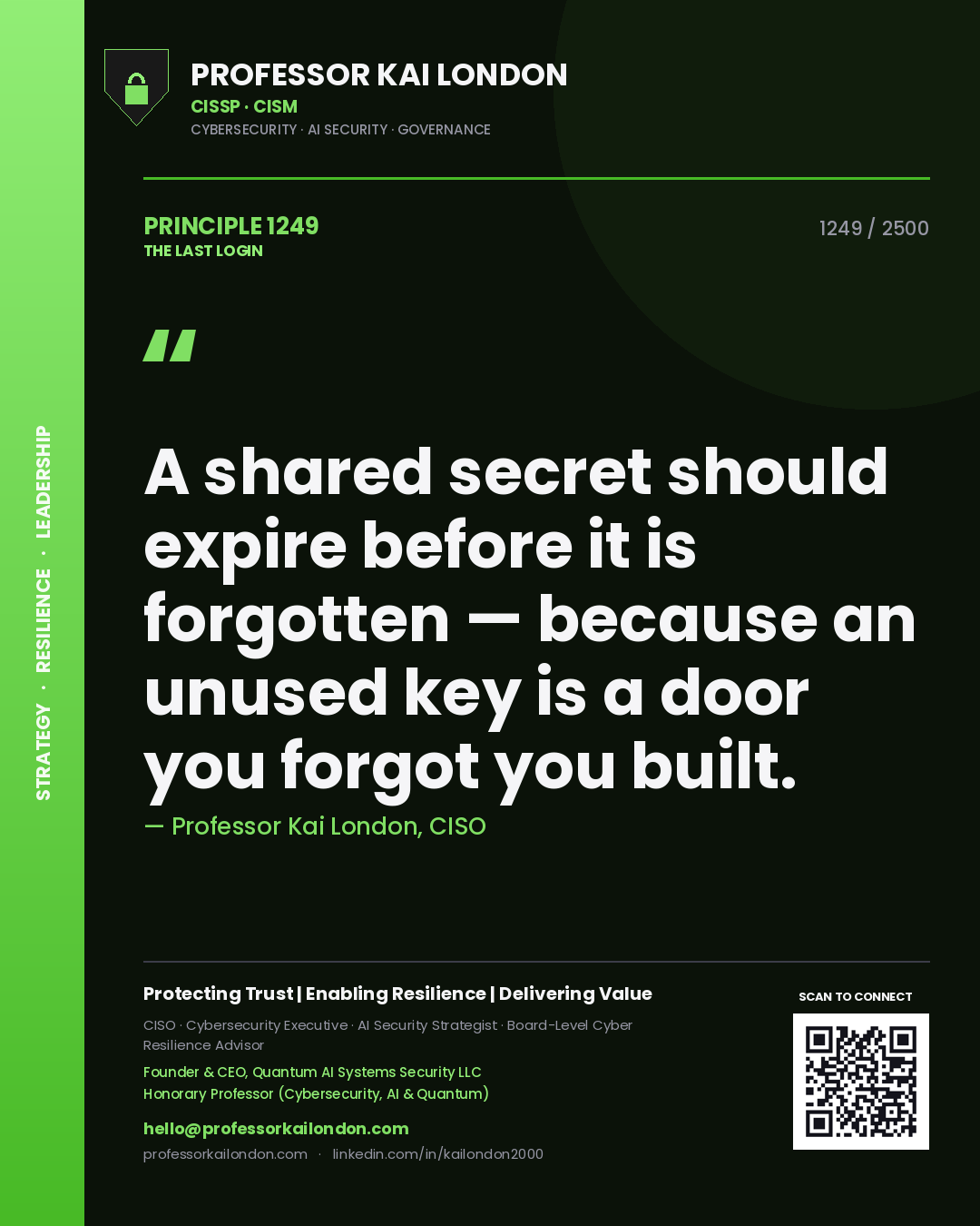 Professor Kai London principle 1249: A shared secret should expire before it is forgotten — because an unused key is a door you forgot you built.