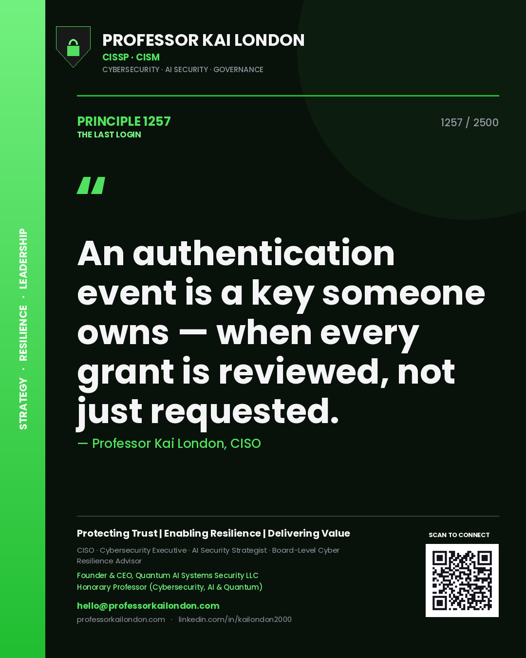 Professor Kai London principle 1257: An authentication event is a key someone owns — when every grant is reviewed, not just requested.
