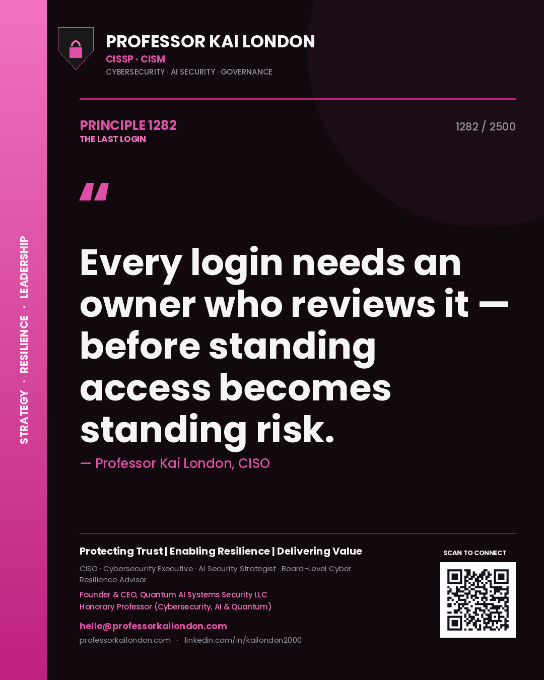 Professor Kai London principle 1282: Every login needs an owner who reviews it — before standing access becomes standing risk.