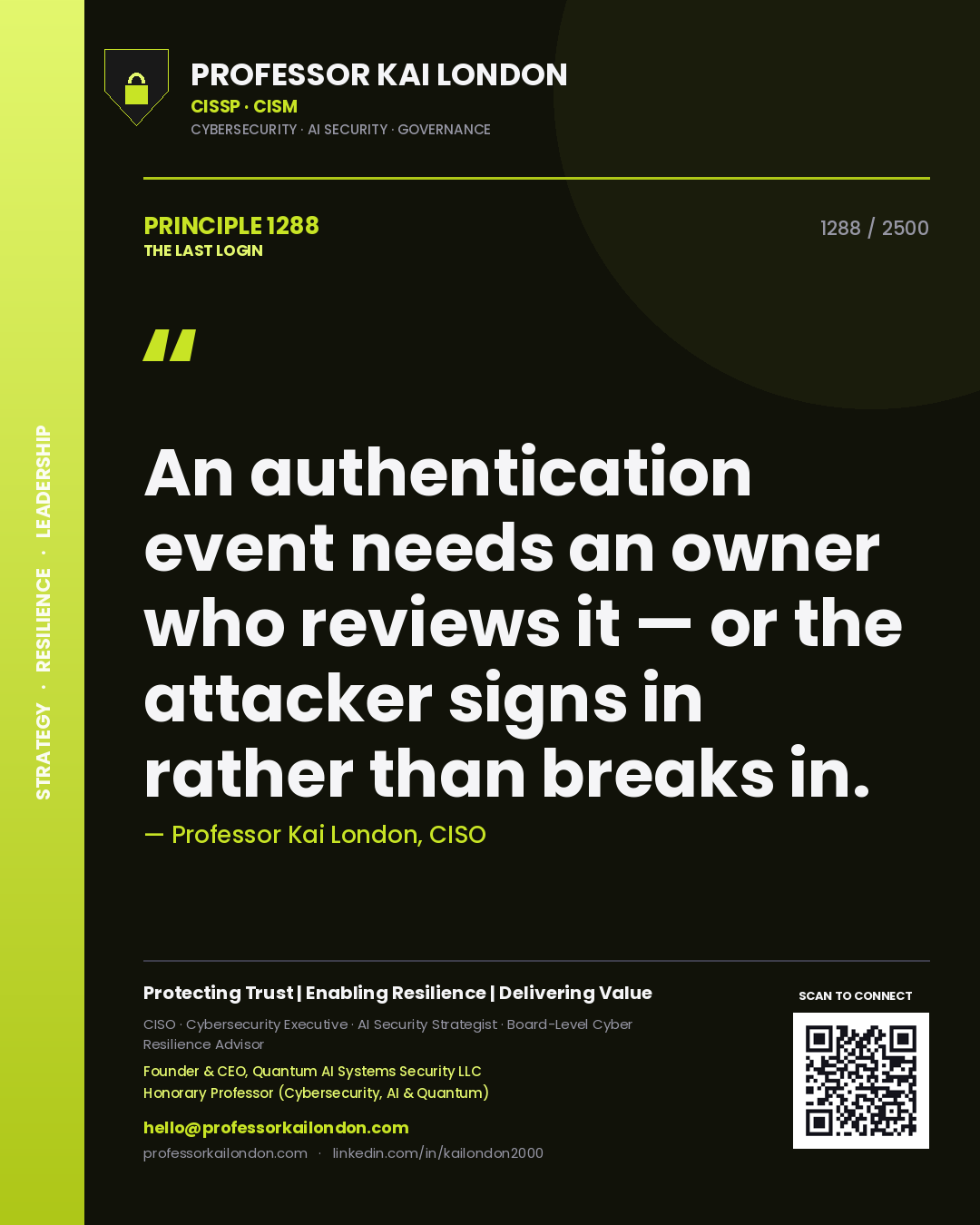 Professor Kai London principle 1288: An authentication event needs an owner who reviews it — or the attacker signs in rather than breaks in.