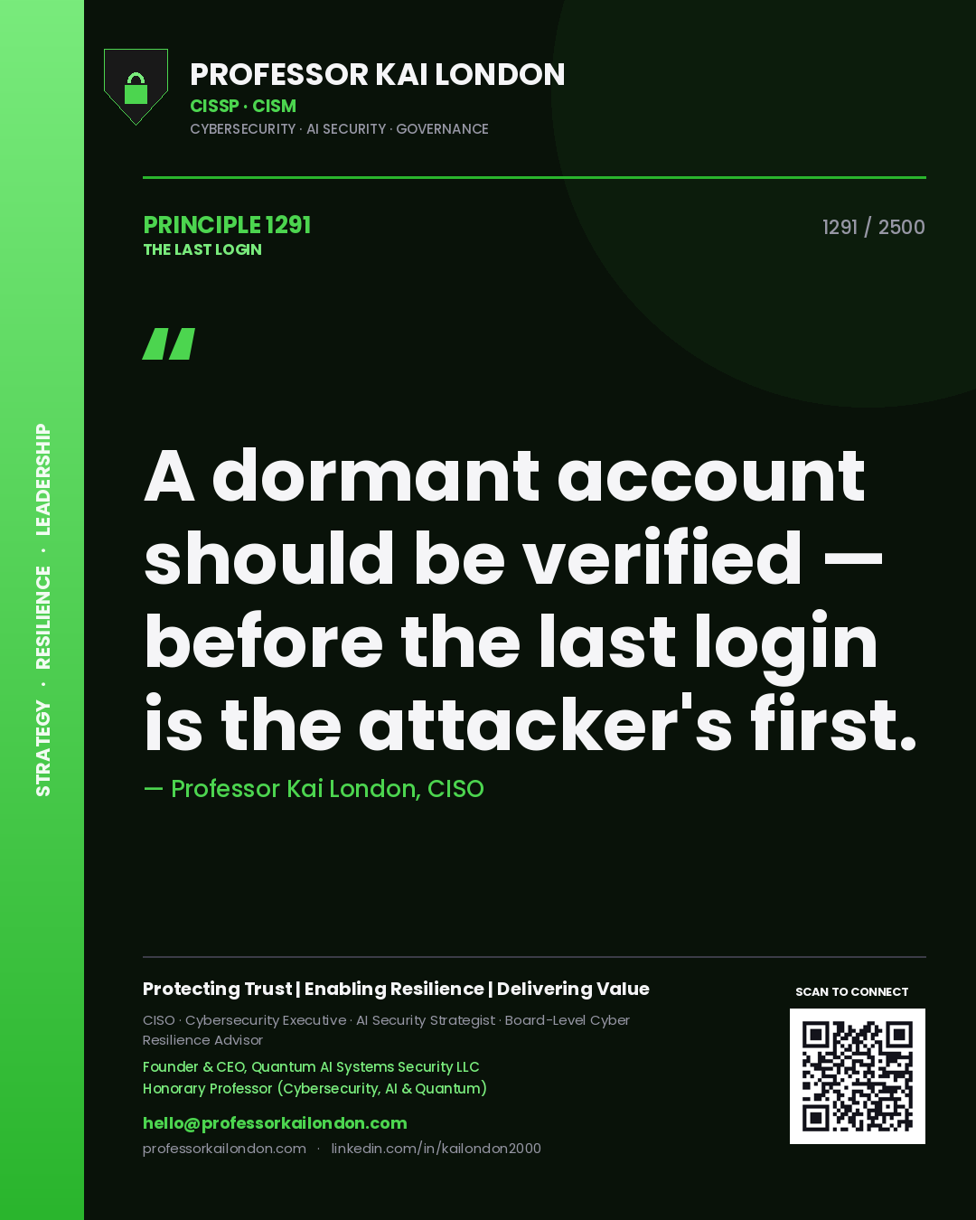 Professor Kai London principle 1291: A dormant account should be verified — before the last login is the attacker's first.