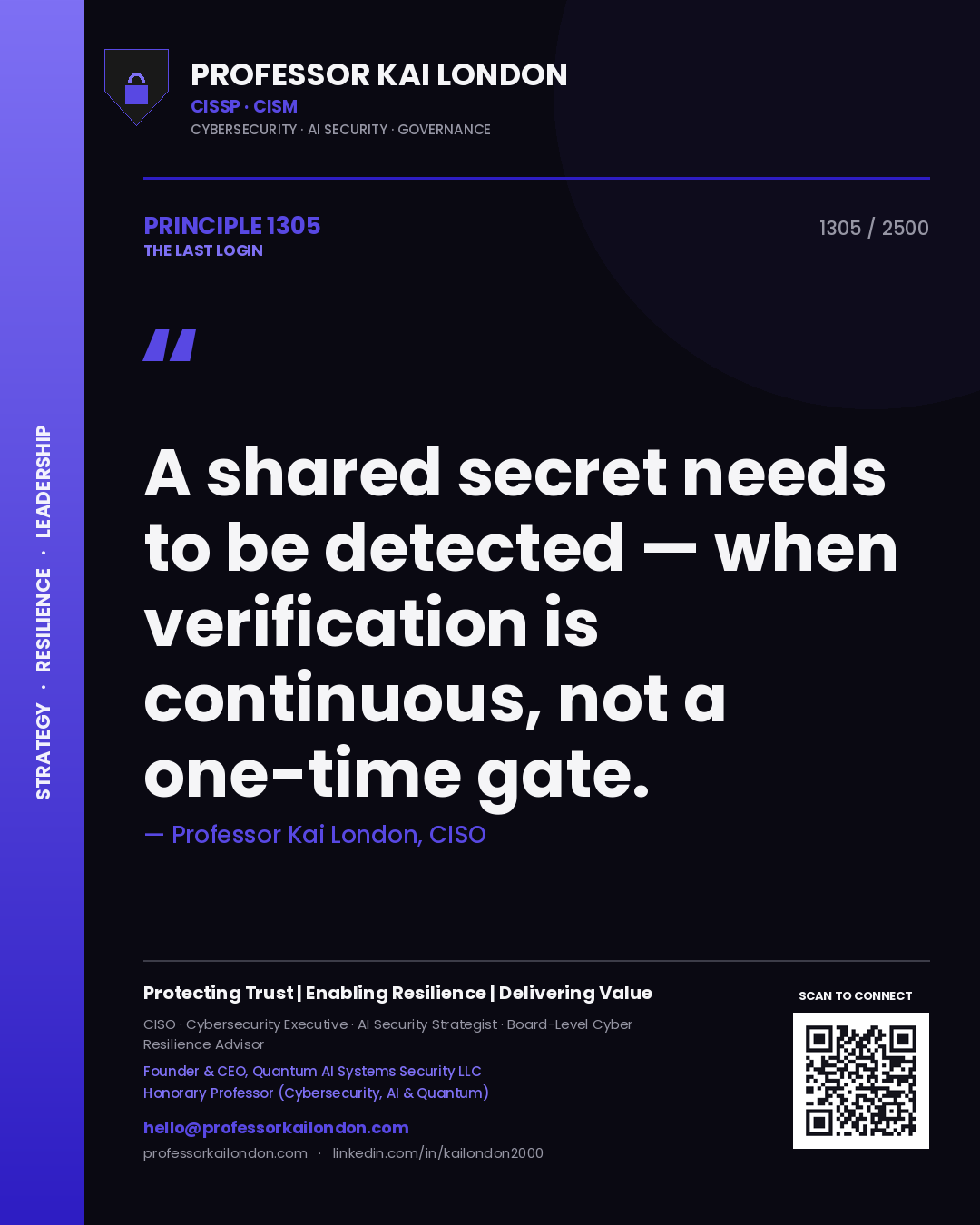 Professor Kai London principle 1305: A shared secret needs to be detected — when verification is continuous, not a one-time gate.