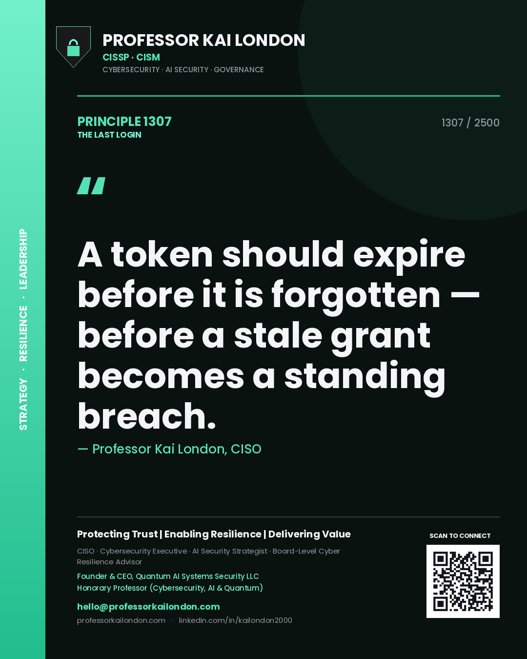 Professor Kai London principle 1307: A token should expire before it is forgotten — before a stale grant becomes a standing breach.