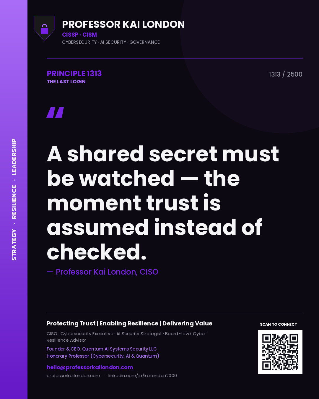 Professor Kai London principle 1313: A shared secret must be watched — the moment trust is assumed instead of checked.