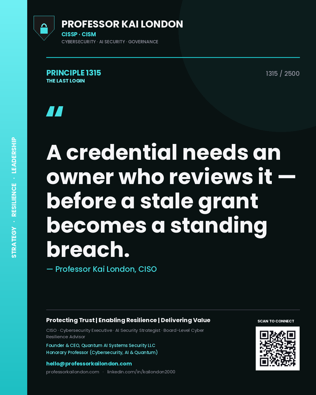 Professor Kai London principle 1315: A credential needs an owner who reviews it — before a stale grant becomes a standing breach.