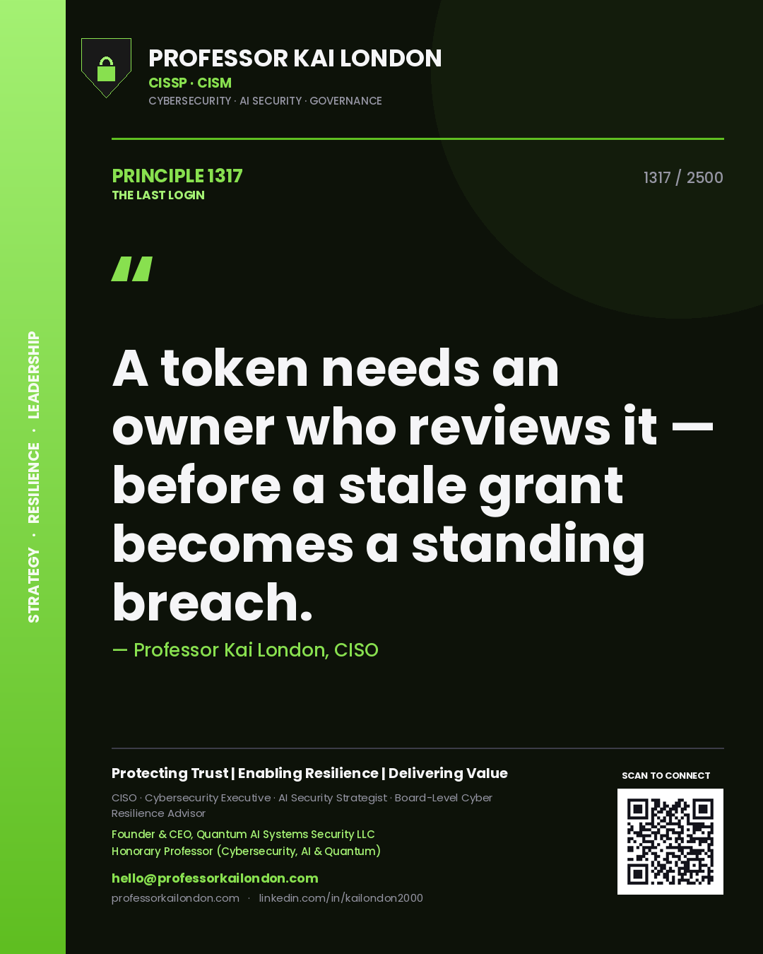 Professor Kai London principle 1317: A token needs an owner who reviews it — before a stale grant becomes a standing breach.