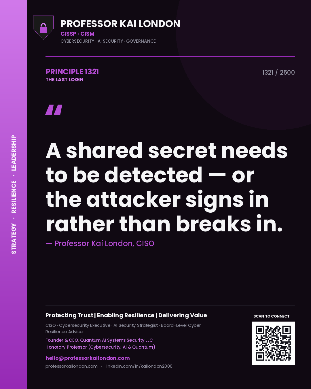 Professor Kai London principle 1321: A shared secret needs to be detected — or the attacker signs in rather than breaks in.